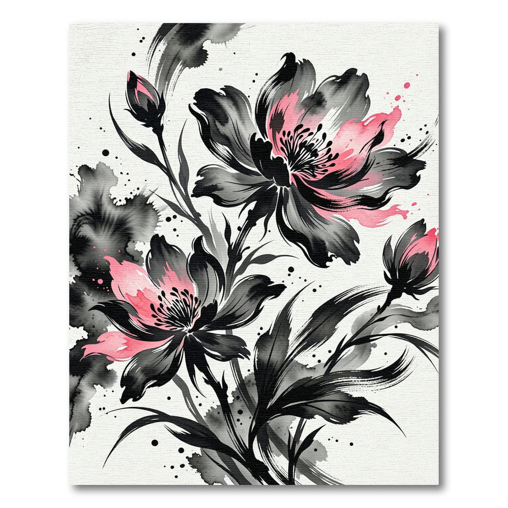 Pink and Black Floral Ink Wash Rug