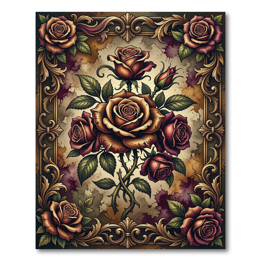 Vintage Ornate Rose Bouquet Antique Gold Rug