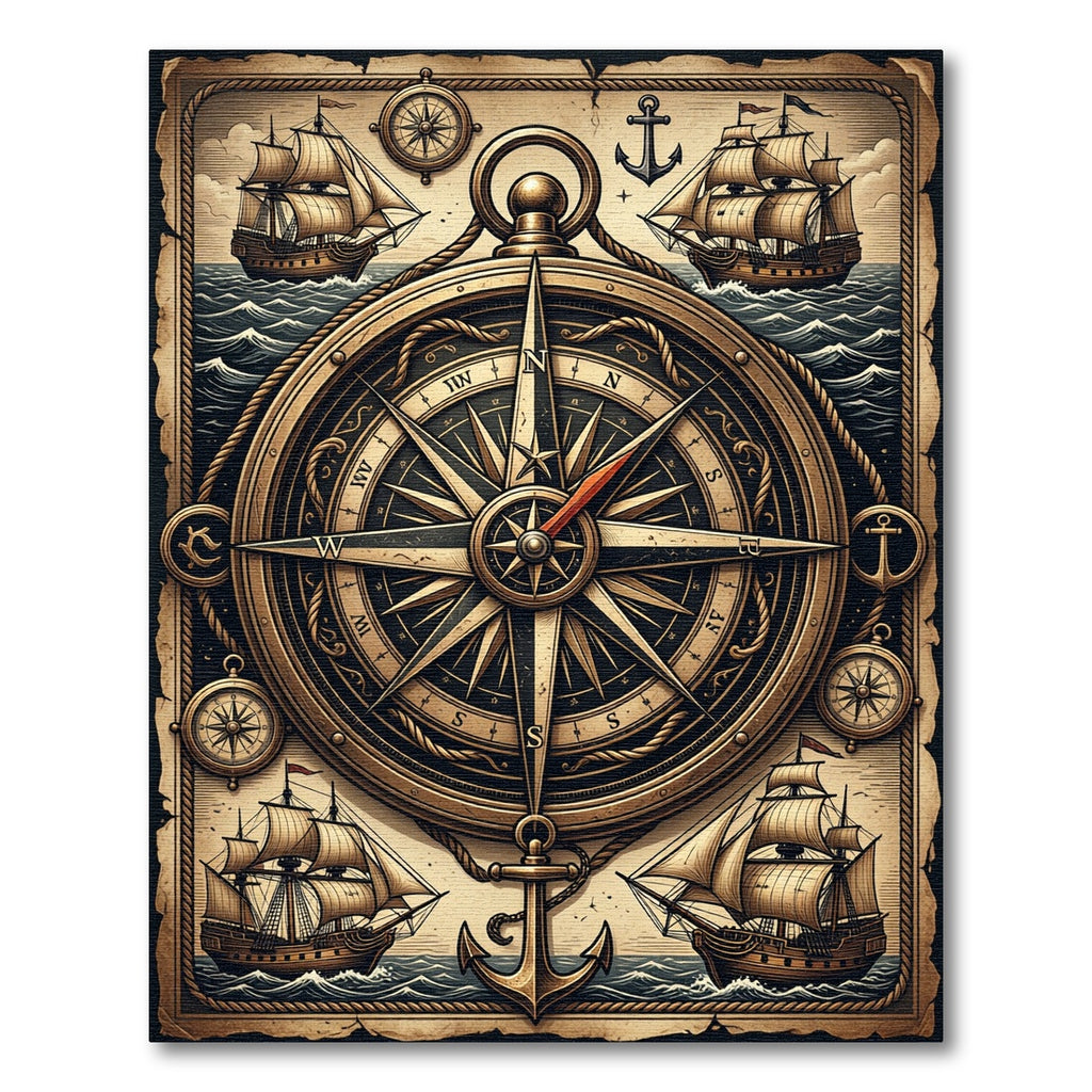 Vintage Nautical Compass and Ship Mariner Rug