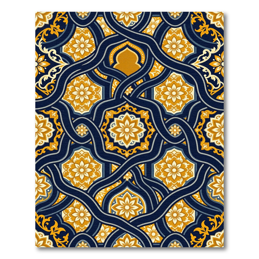 Elegant Navy Gold Floral Intertwining Scroll Rug