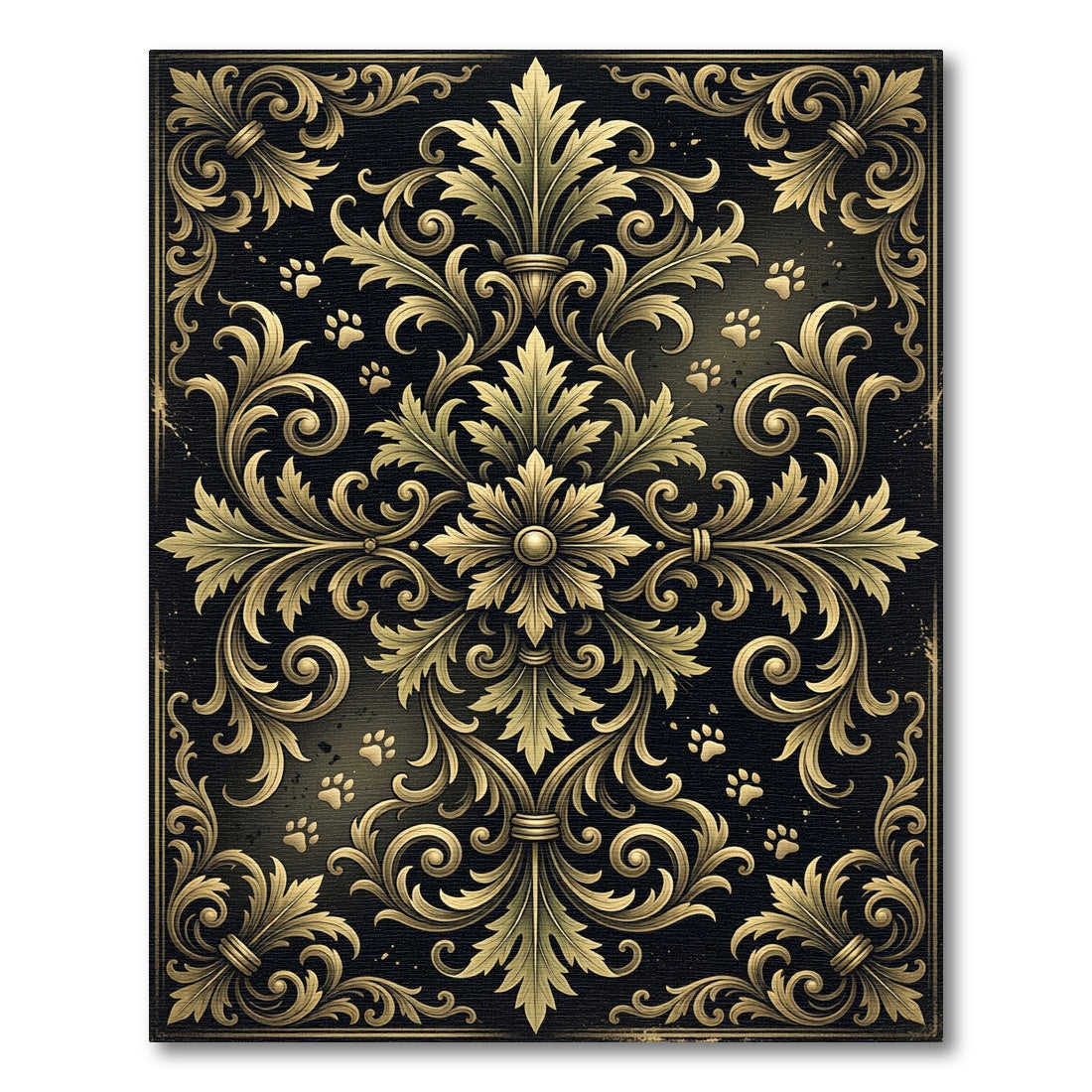 Ornate Gold Floral Damask Paw Accent Rug
