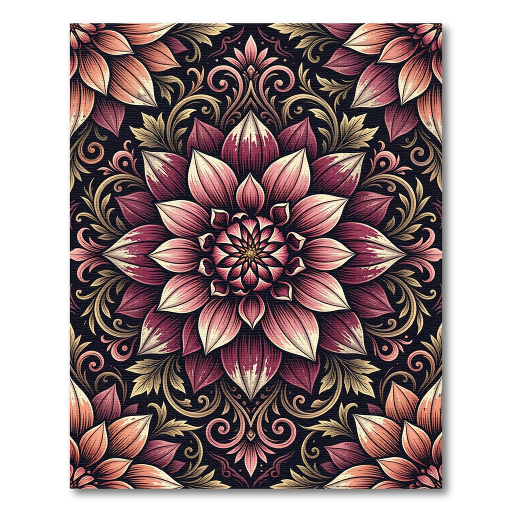 Burgundy Dahlia Floral Medallion Scroll Rug