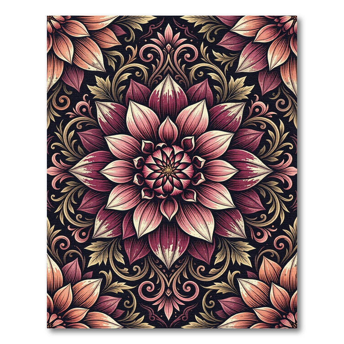 Burgundy Dahlia Floral Medallion Scroll Rug