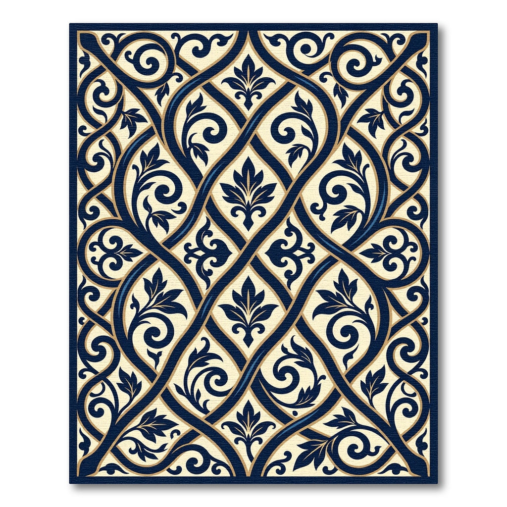 Navy Blue Faux Woven Acanthus Arabesque Rug