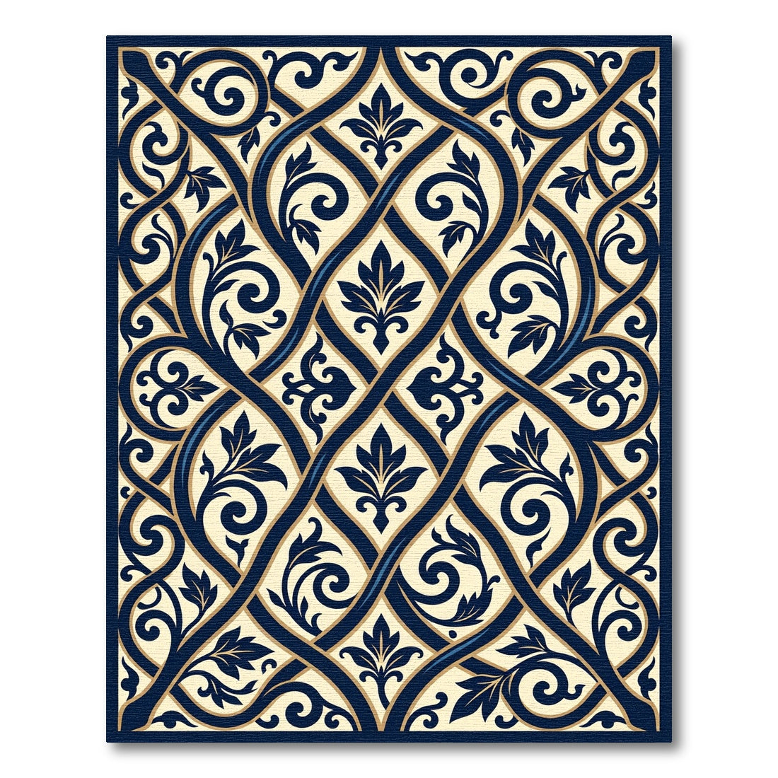 Navy Blue Faux Woven Acanthus Arabesque Rug