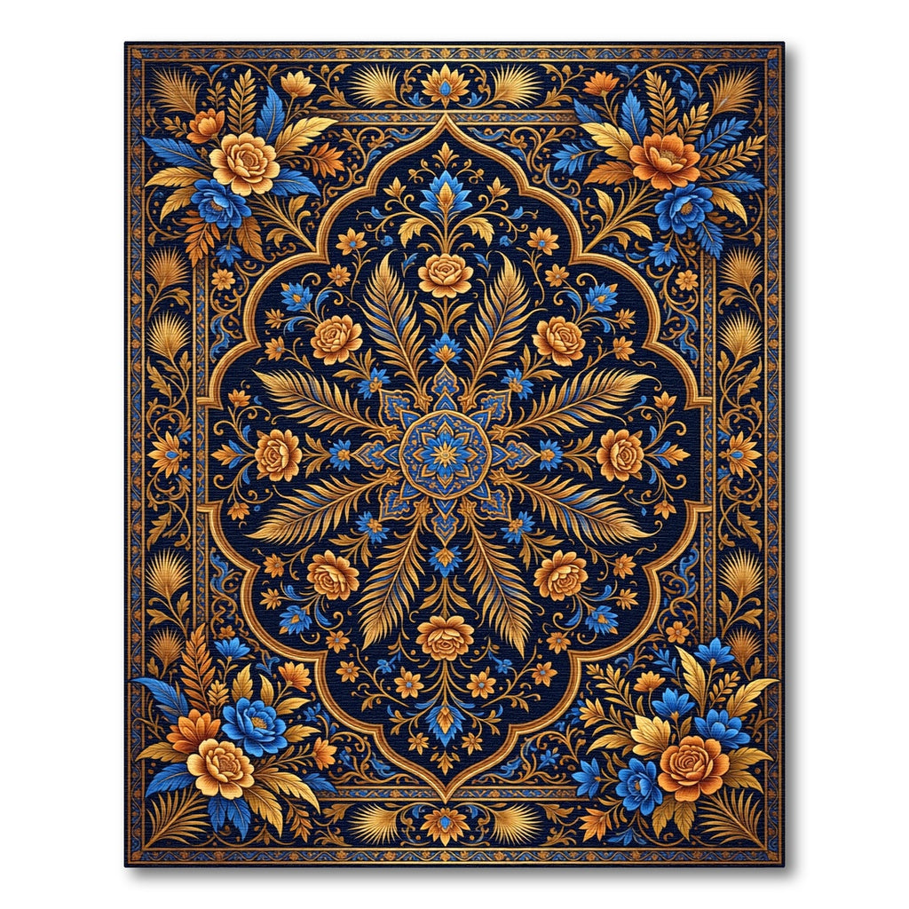 Golden Floral Medallion Indigo Royal Accents Rug