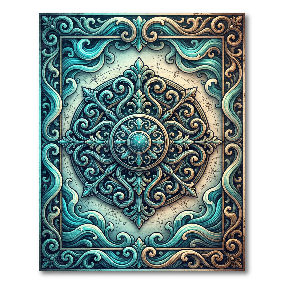 Ornate Teal and Gold Marine Compass Rug