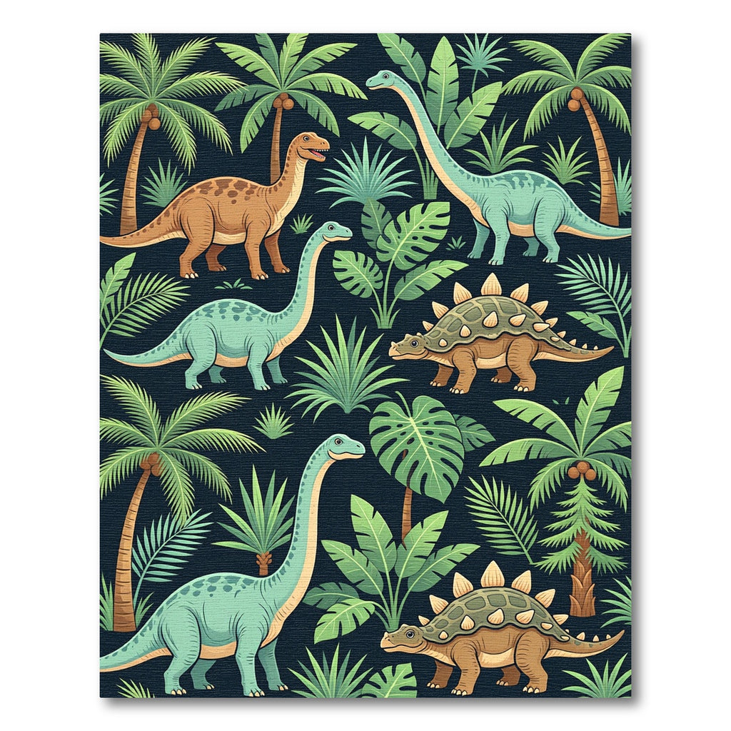 Tropical Dinosaur Foliage on Dark Navy Rug