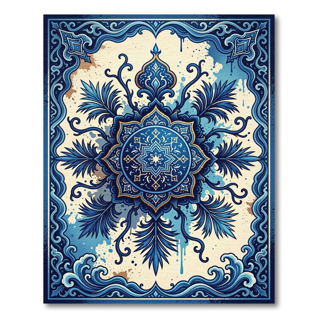 Ornate Azure Floral Medallion Swirl Rug