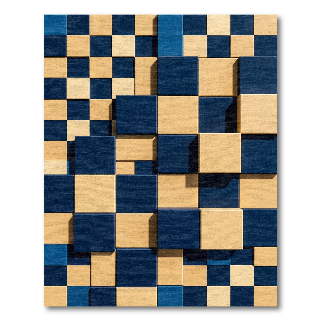 Modern Deep Blue and Cream Block Grid Rug