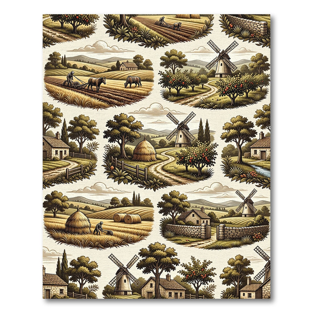 Old World Farmhouse Landscape Scene Rug