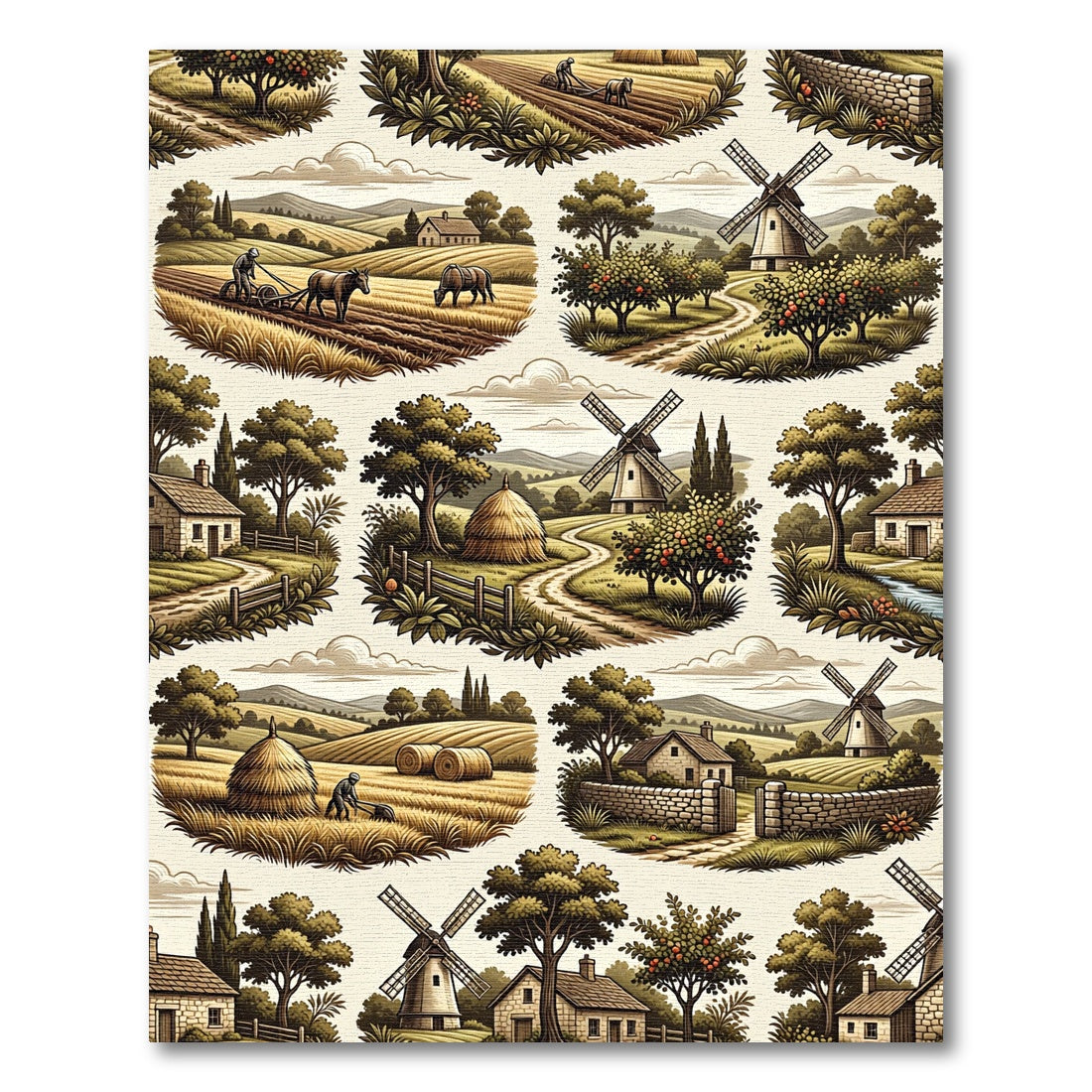 Old World Farmhouse Landscape Scene Rug