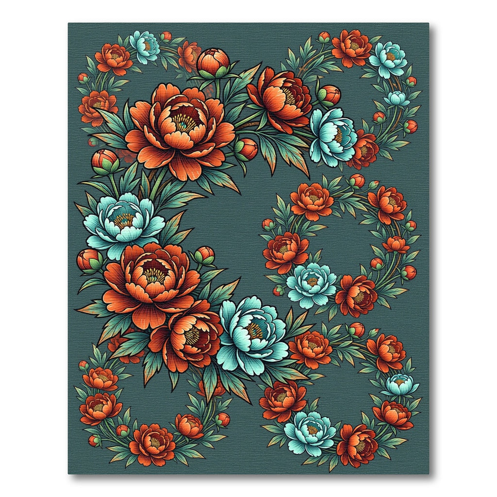 Lush Teal Peony Botanical Wreath Rug