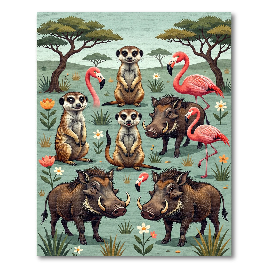 Whimsical Safari Meerkat Flamingo Warthog Landscape Rug