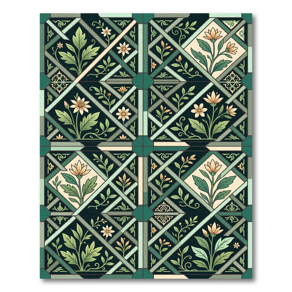 Emerald Green Floral Geometric Tile Rug