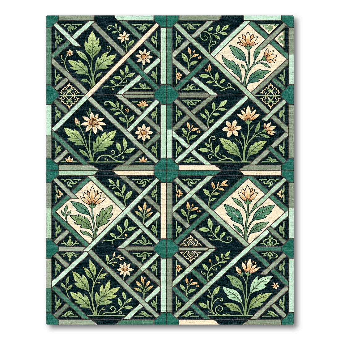 Emerald Green Floral Geometric Tile Rug