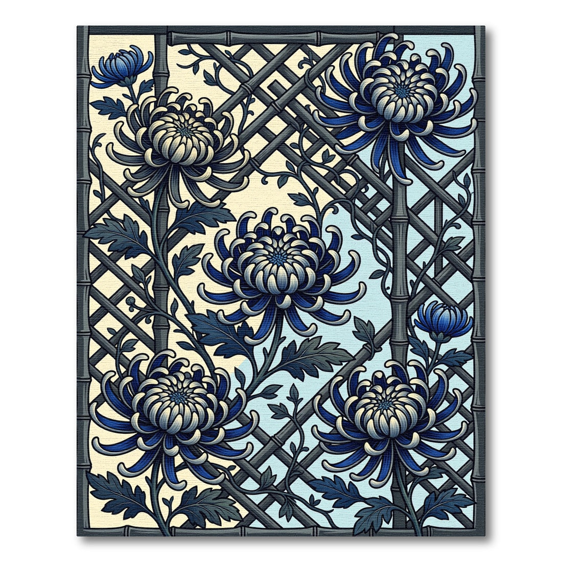 Indigo Chrysanthemum Lattice Bamboo Art Rug