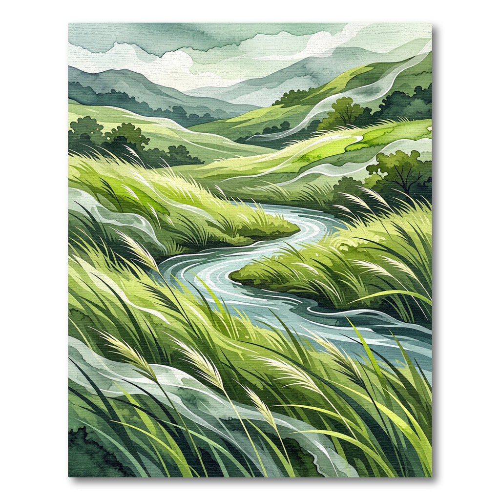 Verdant Hills Winding River Landscape Rug