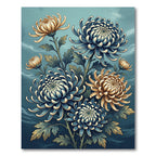 Blue Gold Chrysanthemum Floral Arrangement Rug
