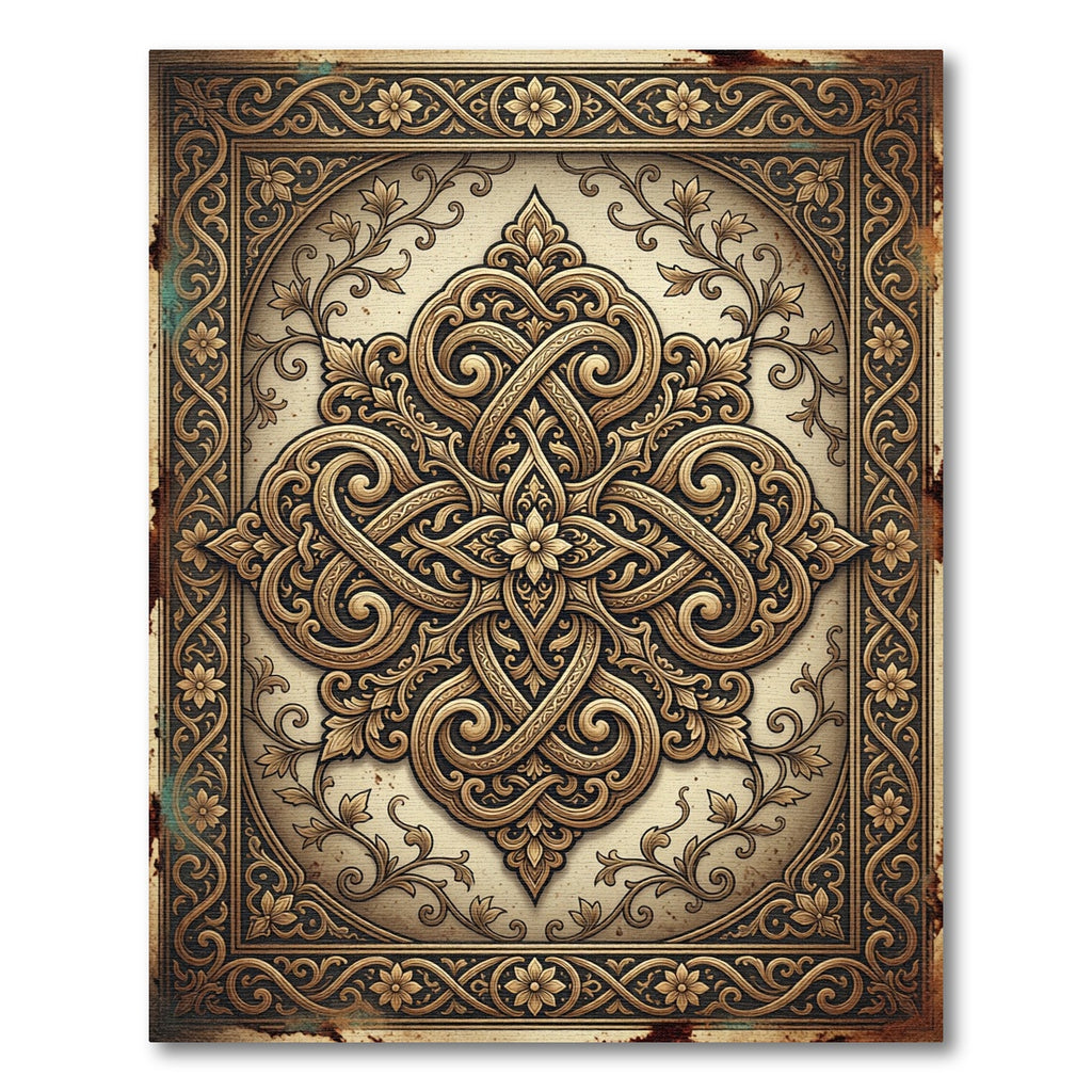 Ornate Golden Baroque Scroll Medallion Rug