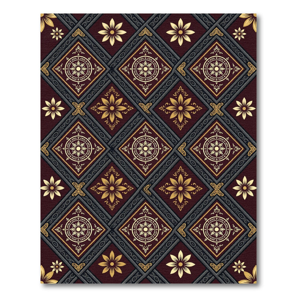 Burgundy Golden Floral Diamond Trellis Rug