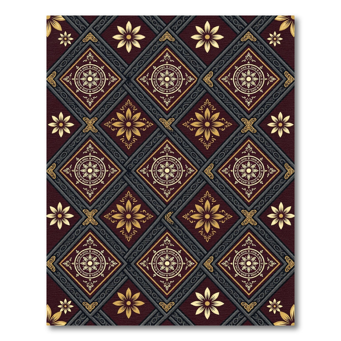 Burgundy Golden Floral Diamond Trellis Rug