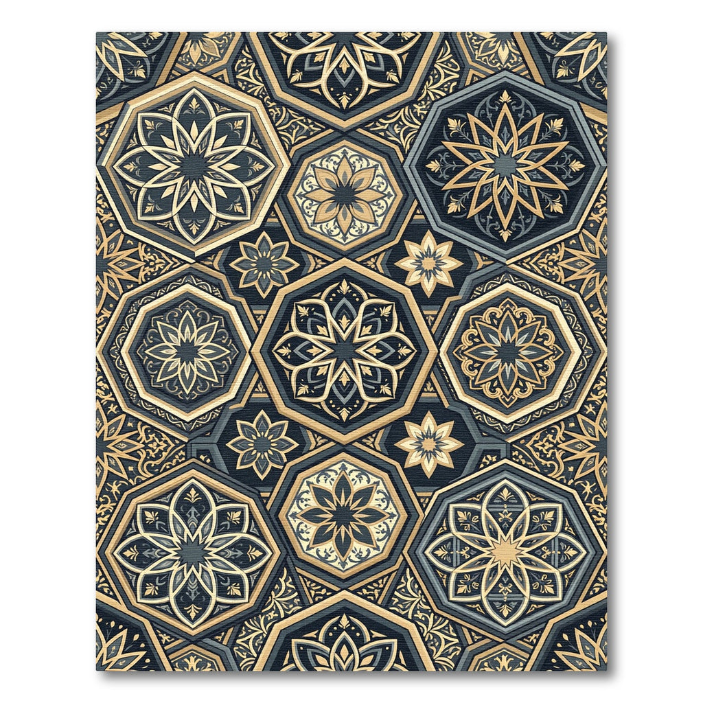 Gold Navy Octagon Geometric Medallion Rug