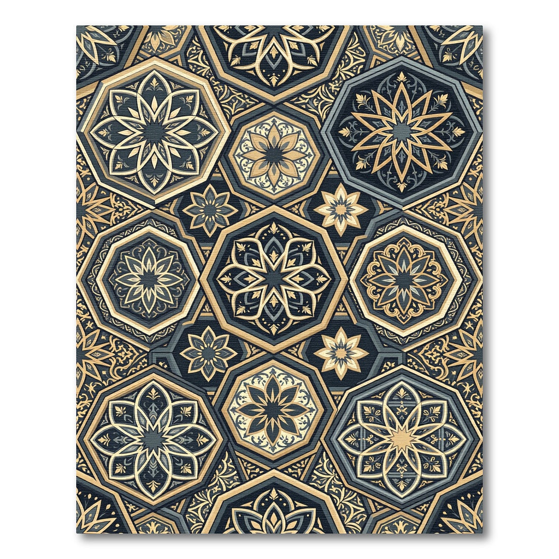 Gold Navy Octagon Geometric Medallion Rug