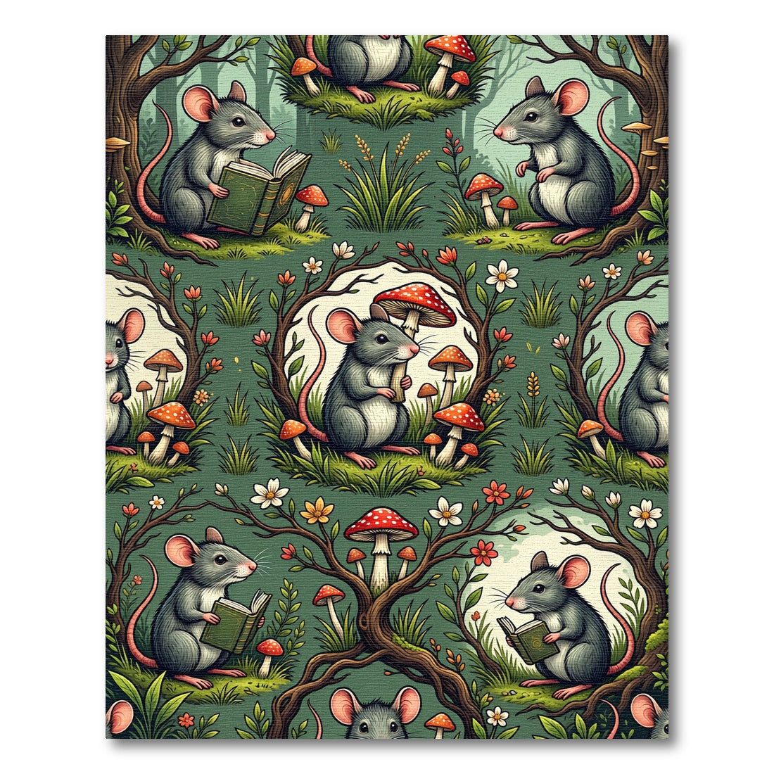 Whimsical Forest Mouse and Mushroom Illustration Rug
