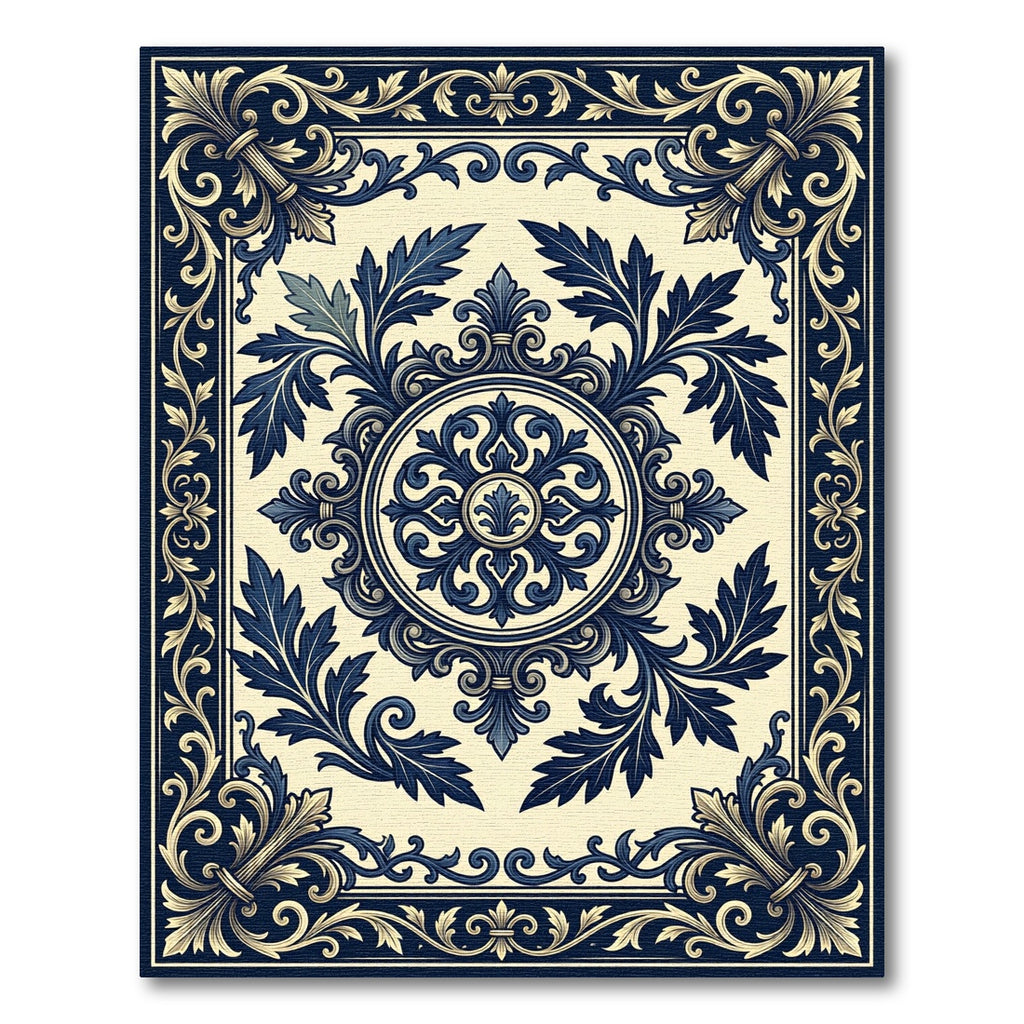 Elegant Navy White Floral Medallion Rug