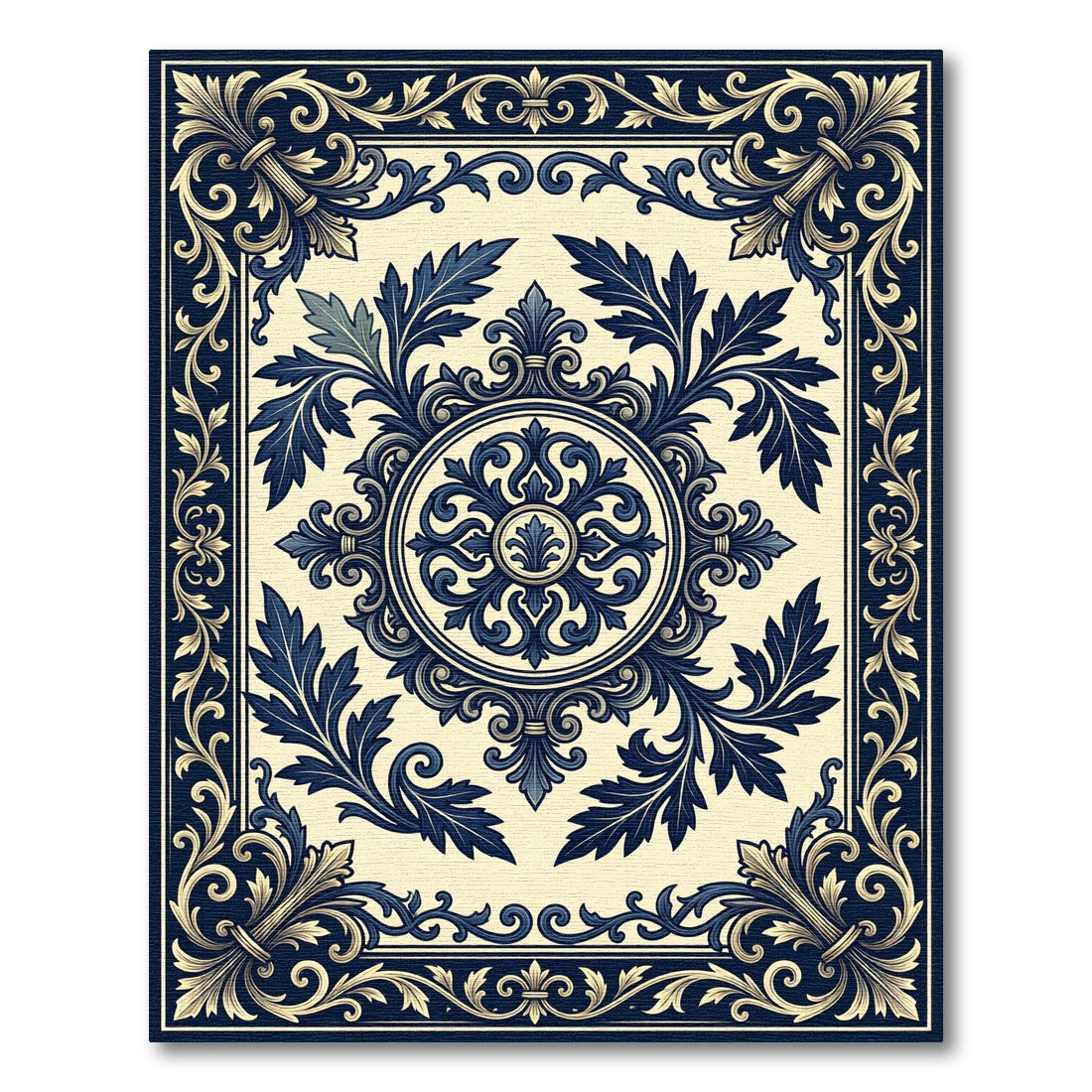 Elegant Navy White Floral Medallion Rug