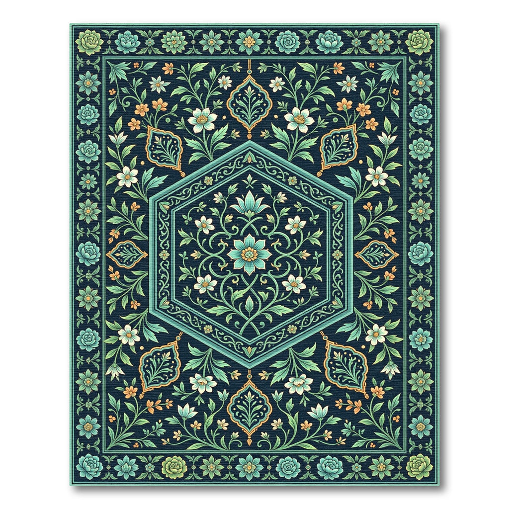 Navy Aqua Teal Floral Garden Hexagon Rug