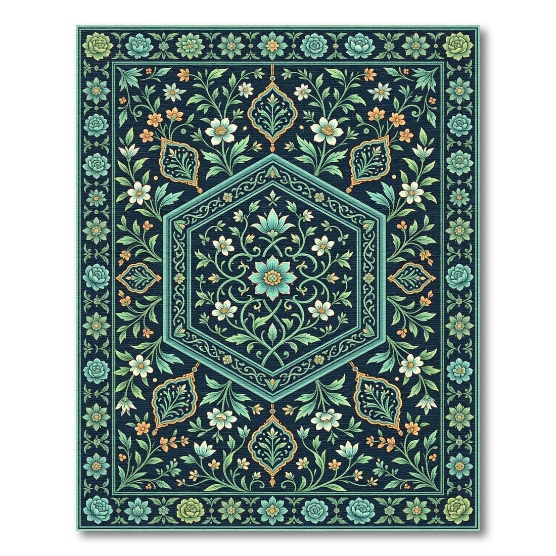 Navy Aqua Teal Floral Garden Hexagon Rug