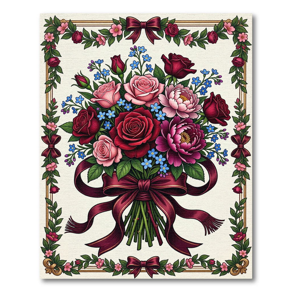 Romantic Burgundy Rose Bouquet Border Rug