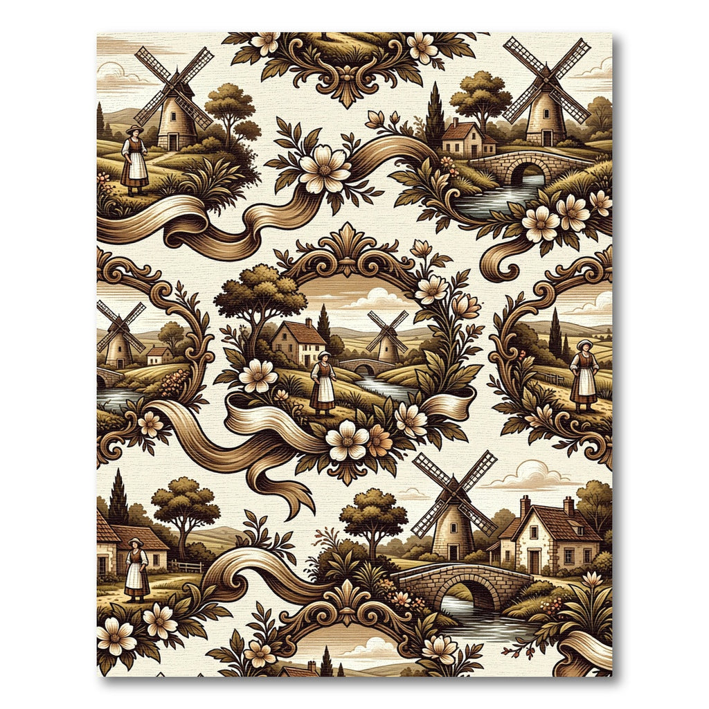 Ornate Brown Countryside Village Mill Rug