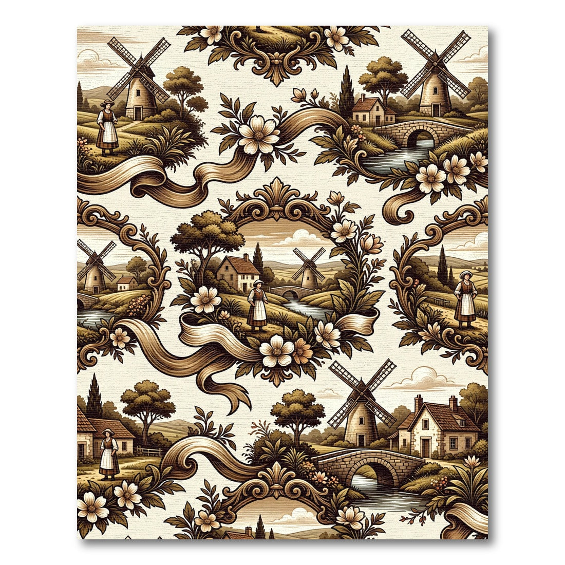 Ornate Brown Countryside Village Mill Rug