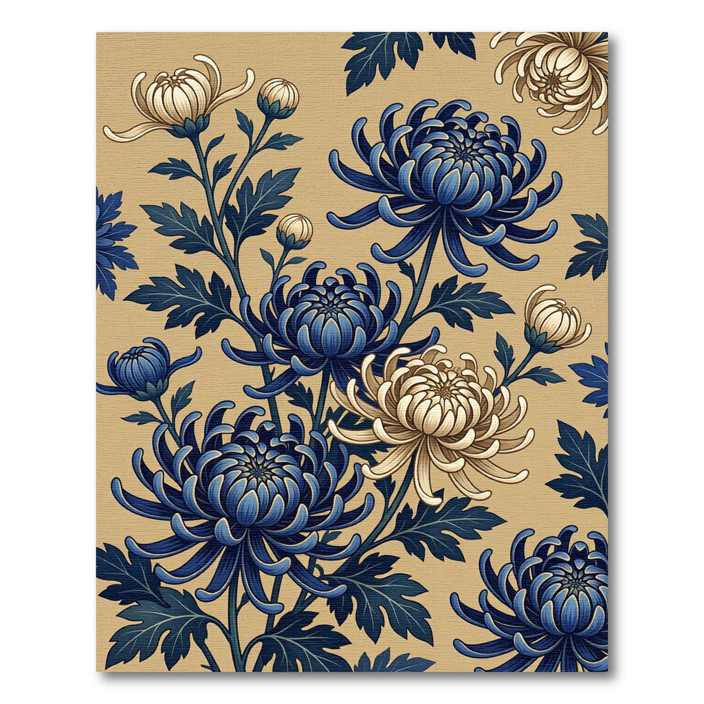 Navy Blue and Cream Chrysanthemum Botanical Rug