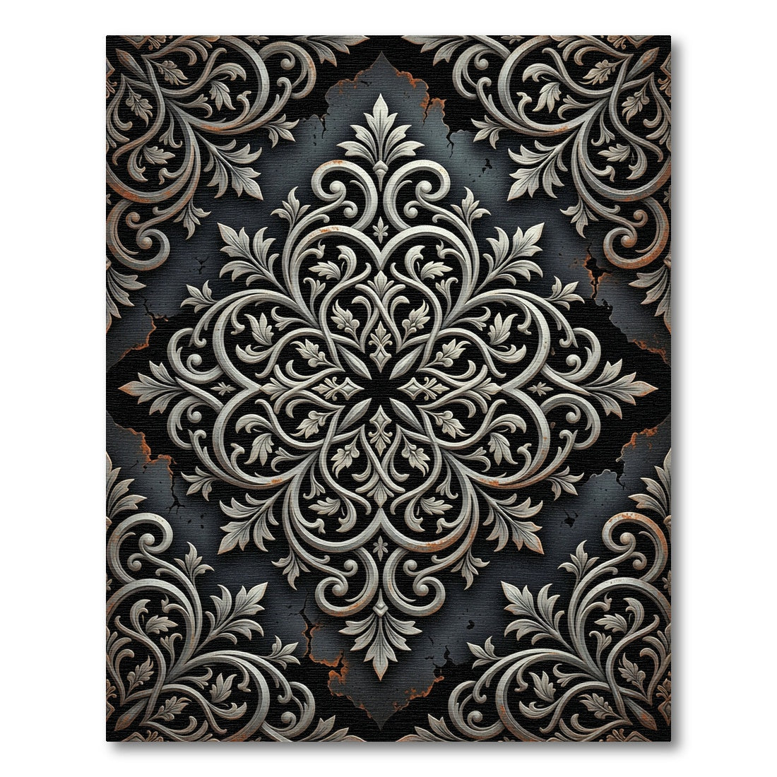 Ornate Silver Damask Medallion Charcoal Rug