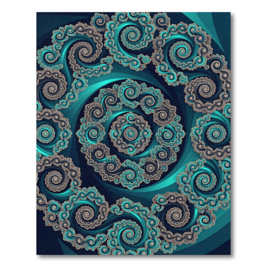 Teal Fractal Infinite Swirl Round Medallion Rug