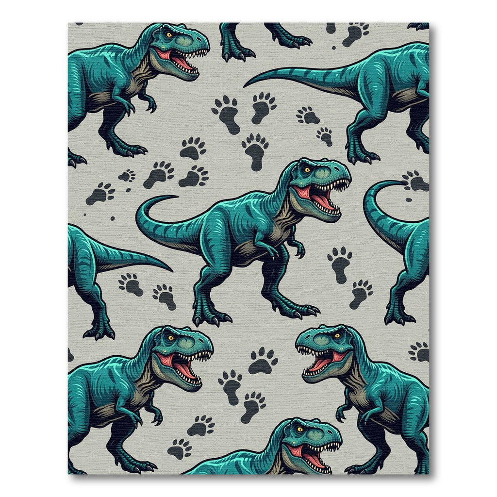 Teal T-Rex Dinosaur Footprint Illustration Rug