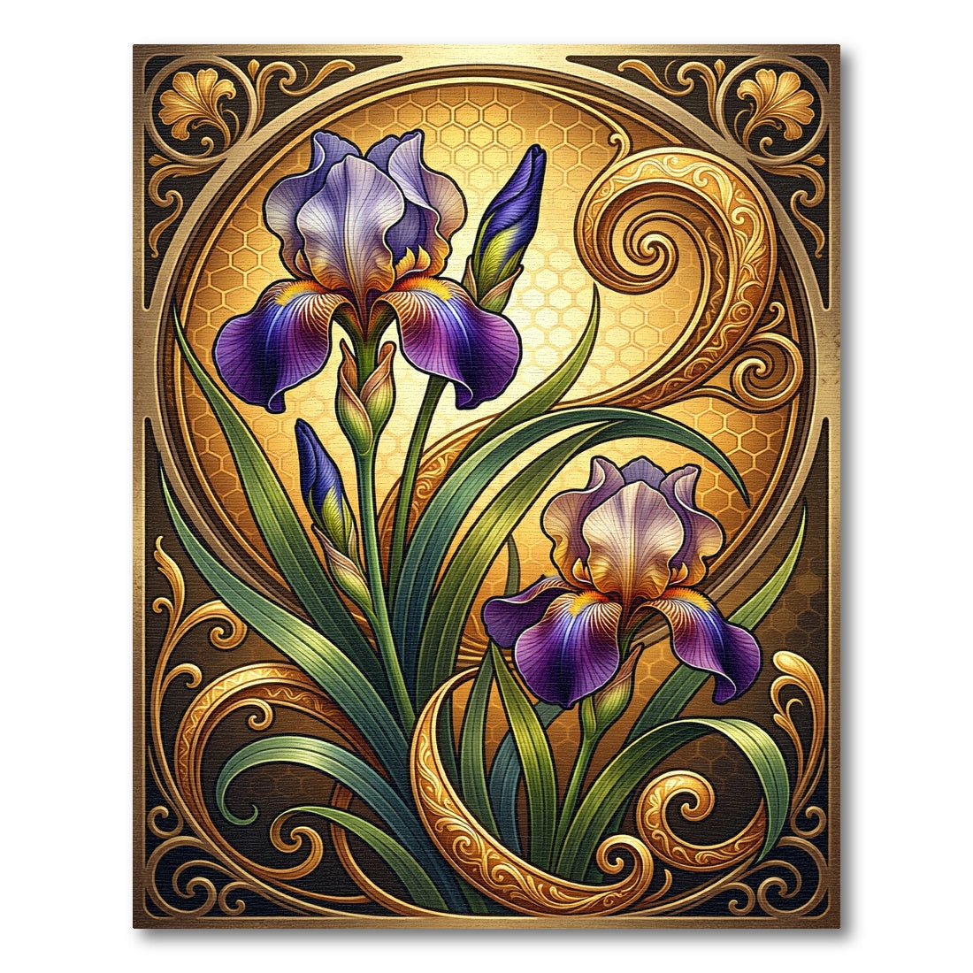 Ornate Art Nouveau Iris Golden Scroll Rug