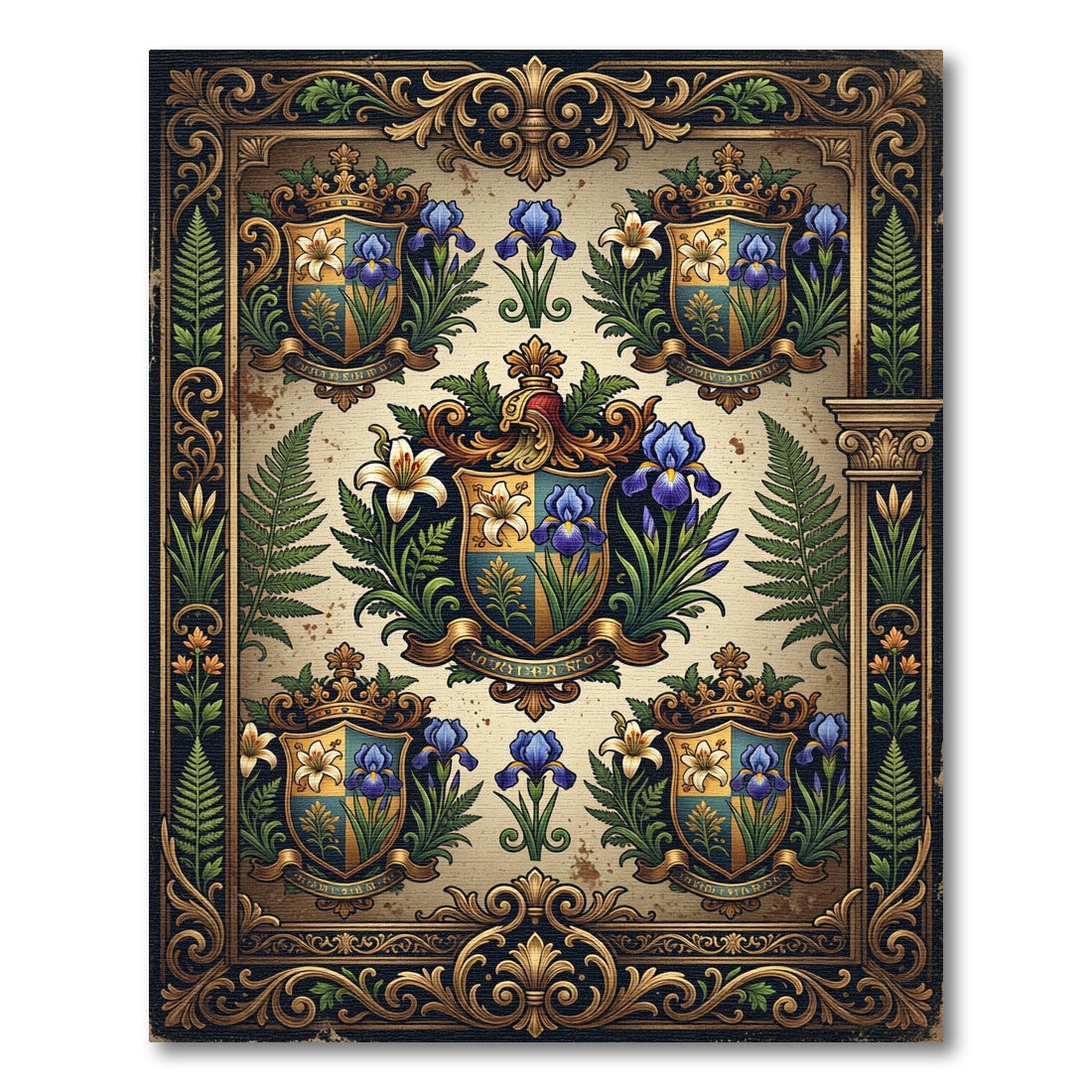 Ornate Heraldic Lily Blue Gold Crest Rug