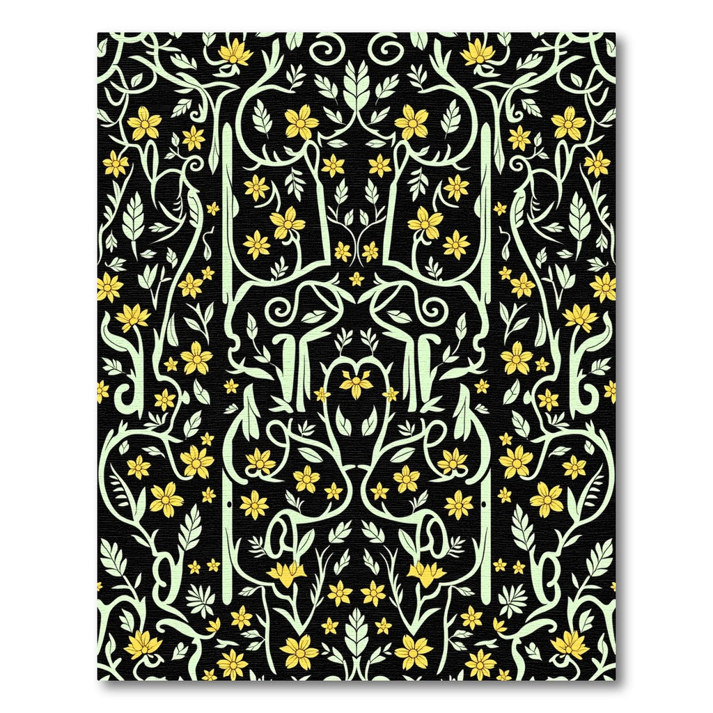 Yellow Floral Vine Scroll Black Rug