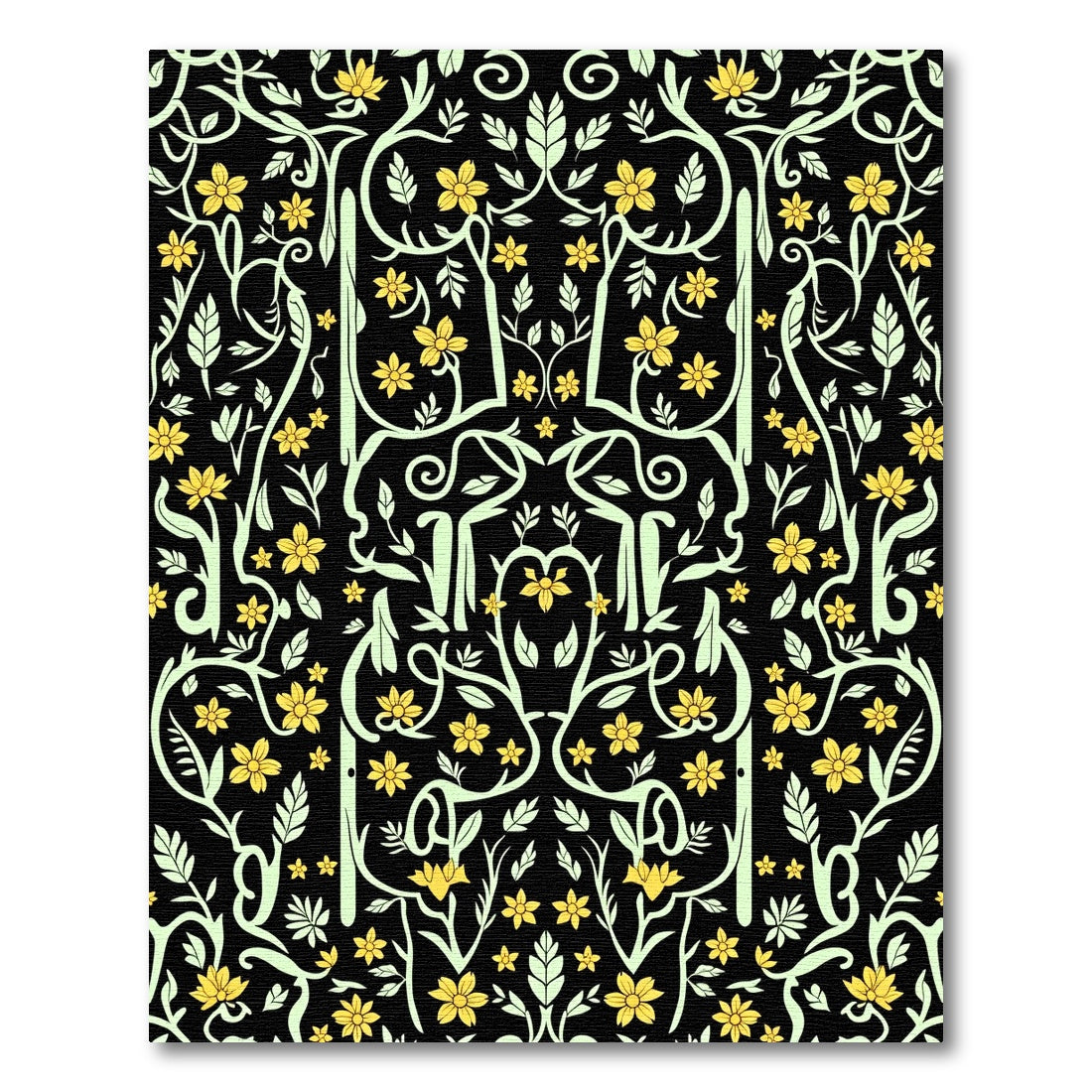 Yellow Floral Vine Scroll Black Rug
