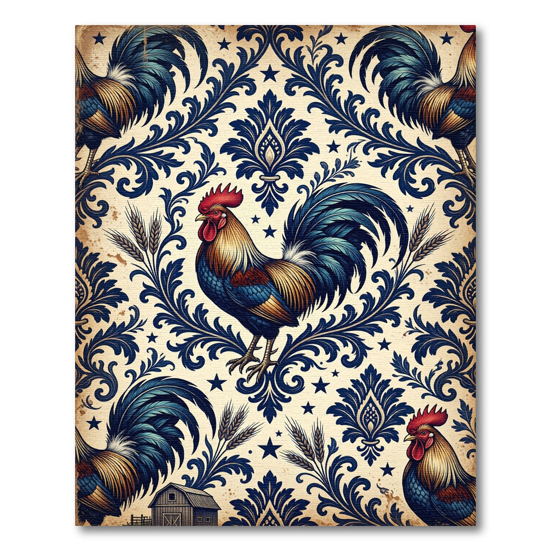 Vintage Blue Rooster Damask Star Wheat Rug