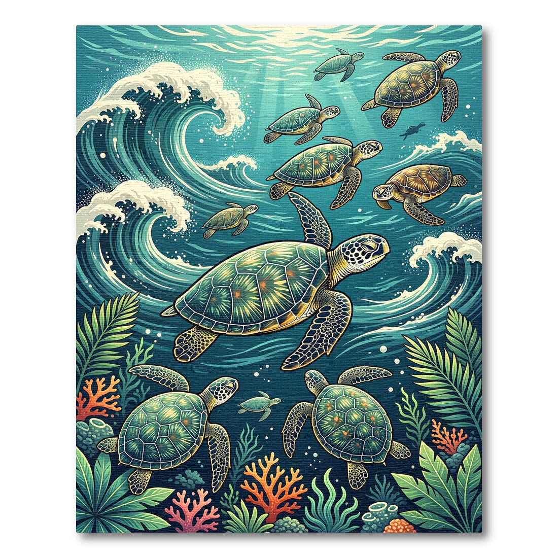 Vibrant Underwater Turtle Ocean Scene Rug