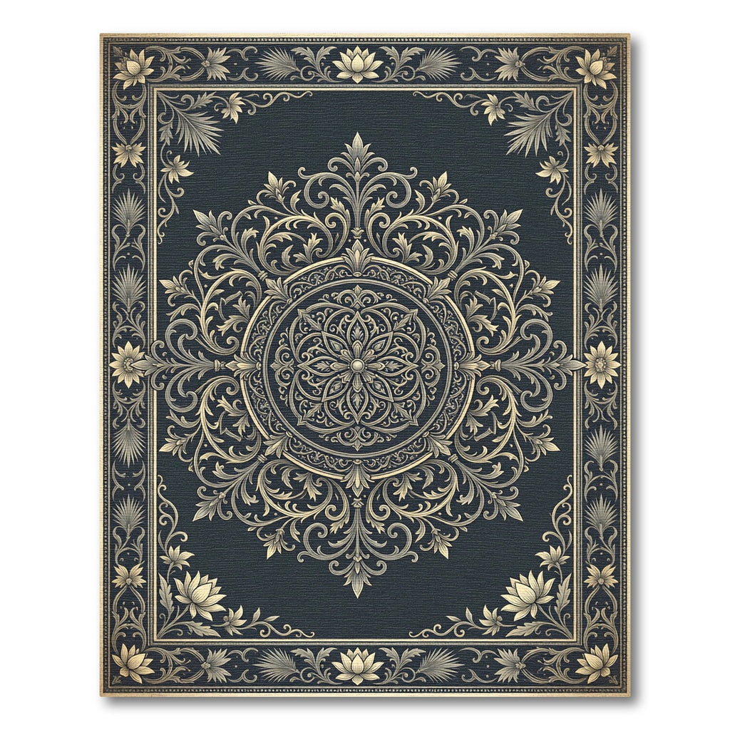 Ornate Gold Filigree Charcoal Medallion Rug