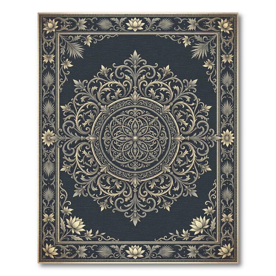 Ornate Gold Filigree Charcoal Medallion Rug