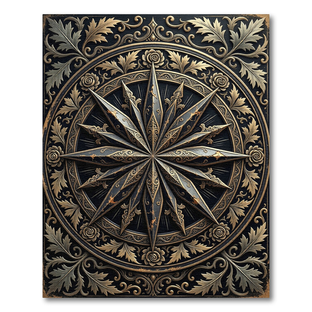 Ornate Gold and Black Compass Medallion Rug