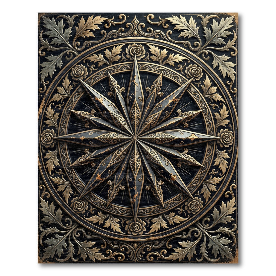 Ornate Gold and Black Compass Medallion Rug